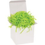 A white open gift box filled with MH-USA 40 lb. Lime Crinkle Paper brilliantly displays its vibrant green hues, creating a playful touch.