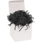 An open white box contains MH-USA 40 lb. Black Crinkle Paper (40 Lbs/Case) shreds, ideal for packing and protecting your items.