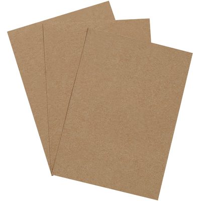 CP57.jpg Three sheets of MH-USA 5 x 7 chipboard pads, similar to brown kraft paper, overlap in a fan-like pattern on a white background. The textured surface and earthy color enhance their appeal.