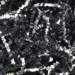 A close-up of the MH-USA 10 lb. Black and Silver Metallic Blend Crinkle Paper (10 Lbs/Case) shows shiny, crinkled strips creating a sparkling texture.