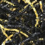 The MH-USA 10 lb. Black and Gold Metallic Blend Crinkle Paper features an intricate mix of crinkled ribbons, offering a textured and festive look.