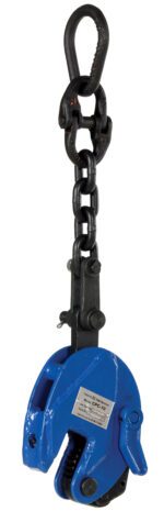 The Vestil Vertical Plate Clamp With Chain 1000 Lb is a durable lifting tool in blue and black, equipped with a secure hook and chain, ideal for safe and efficient industrial material transport.