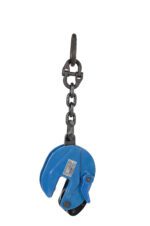 The blue Vestil Vertical Plate Clamp With Chain 2000 lb, designed for securely gripping and hoisting heavy objects, is elegantly suspended against a plain white background.