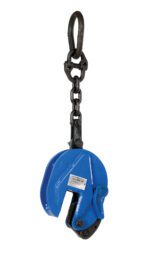The blue Vestil Vertical Plate Clamp With Chain 4000 Lb is an industrial lifting tool featuring a toothed grip for secure hold and attaches to a heavy-duty chain with a hook, ensuring safe and easy material lifting.