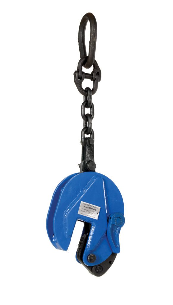 The blue Vestil Vertical Plate Clamp With Chain 4000 Lb is an industrial lifting tool featuring a toothed grip for secure hold and attaches to a heavy-duty chain with a hook, ensuring safe and easy material lifting.