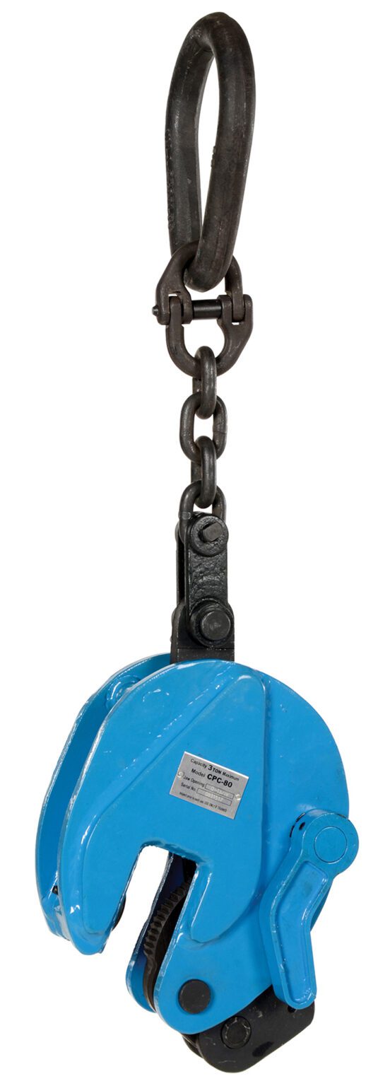 CPC-80_A.jpg The blue Vestil Vertical Plate Clamp With Chain 6600 lb is an industrial tool for lifting heavy objects, featuring a black hook and chain, and a visible label with specifications on a plain white background.