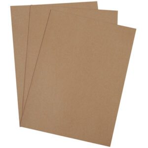 Three brown craft paper sheets fan out against a plain backdrop, evoking the smooth texture and earthy tone of MH-USA 26 x 38 Heavy-Duty Chipboard Pads (70 Pads/Case).