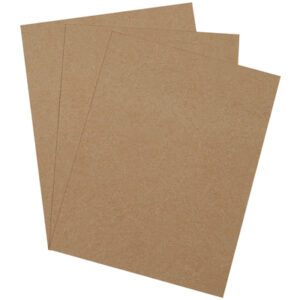 Three sheets of brown kraft paper fan out and overlap against a white background, resembling MH-USA 8 1/2 x 11 Heavy-Duty Chipboard Pads (750 Pads/Case), ideal for wrapping or crafting.