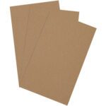 Three MH-USA 8 1/2 x 14 Heavy-Duty Chipboard Pads from a pack of 575 are fanned out on a white background, highlighting their sturdy design.