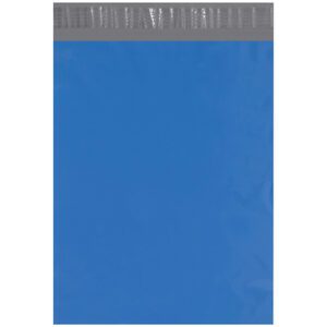 The MH-USA 12 x 15 1/2 Blue Poly Mailers (100/Case) include blue bags with a top gray adhesive strip, laid flat showing the front side, ideal for all your shipping needs.