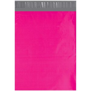 The MH-USA 12 x 15 1/2 Pink Poly Mailers (100/Case) have a gray adhesive strip at the top and lie flat when empty, showcasing their vibrant color and rectangular shape.