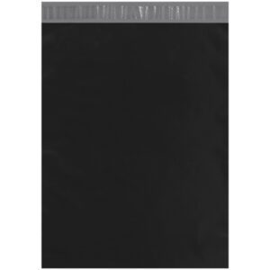 The MH-USA Black Poly Mailers (14 1/2 x 19, 100/Case) have a grey adhesive strip at the top and feature a smooth, functional design ideal for shipping and mailing.