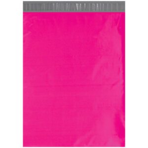 The MH-USA 14 1/2 x 19 Pink Poly Mailers (100/Case) have a smooth, reflective surface and a gray adhesive strip at the top. Made of plastic, their vibrant color ensures they stand out effortlessly.