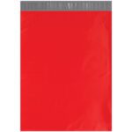 The MH-USA 14 1/2 x 19 Red Poly Mailers offer a sleek design with a bright red plastic envelope and gray sealing strip. Its reflective, smooth surface ensures both style and security for your mailing needs.
