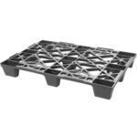 The MH-USA 48 x 32 x 5.5 Industrial Plastic Pallet features a black crisscross pattern for stability and transport. Its durable open-grid design with multiple feet allows for stable stacking, accommodating up to 60 per stack.