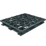 The black MH-USA 48 x 40 x 5 9/10 Heavy-Duty Plastic Pallet features a grid surface and reinforced edges for optimal support of goods, stacking up to 16 high against a white background.