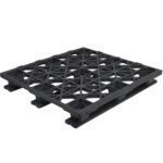 The MH-USA 48 x 45 x 5 9/10 Rackable Plastic Pallet (18/Stack) features a black, grid-like design for efficient transport and storage, with a sturdy flat top surface and supportive underlying framework.