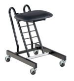 The Vestil Portable Ergonomic Worker Chair is a black metal kneeling chair with a cushioned seat, four wheels, and a ladder-like structure for optimal support, promoting ergonomic sitting while allowing comfortable kneeling.