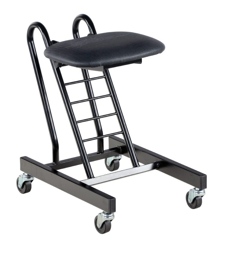 The Vestil Portable Ergonomic Worker Chair is a black metal kneeling chair with a cushioned seat, four wheels, and a ladder-like structure for optimal support, promoting ergonomic sitting while allowing comfortable kneeling.