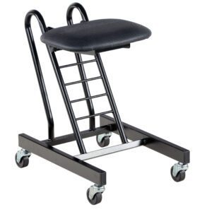 The Vestil Portable Ergonomic Worker Chair is a black metal kneeling chair with a cushioned seat, four wheels, and a ladder-like structure for optimal support, promoting ergonomic sitting while allowing comfortable kneeling.