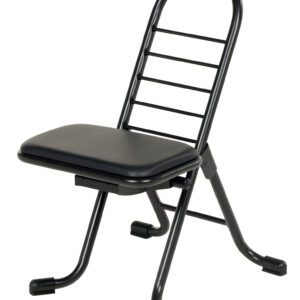 The black stair chair, modeled after the Vestil Ergonomic Work Seat/Chair 13 to 26 In H, offers a padded seat and high backrest with horizontal bars. It includes a folding mechanism, sturdy legs with rubber caps for stability, and an adjustable height range of 13 to 26 inches.