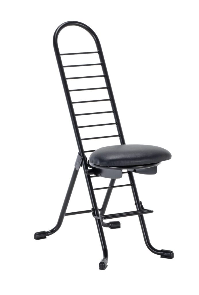 CPRO-600S_A.jpg The Vestil Ergonomic Worker Chair - Swivel Seat has a black folding design with a ladder-style backrest, cushiony comfort, and four rubber-tipped legs. Its slim, minimalist aesthetic and swivel seat allow for versatile use in any setting.
