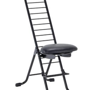 The Vestil Ergonomic Worker Chair - Swivel Seat has a black folding design with a ladder-style backrest, cushiony comfort, and four rubber-tipped legs. Its slim, minimalist aesthetic and swivel seat allow for versatile use in any setting.