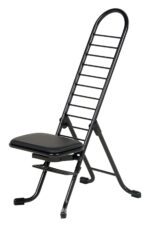 The Vestil Ergonomic Work Seat/Chair, adjustable from 13 to 34 inches, integrates smoothly with the black metal yoga chairs design. It features a ladder-like backrest and padded seat for yoga support, while its foldable structure allows easy storage and transport.