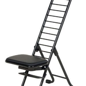 The Vestil Ergonomic Work Seat/Chair, adjustable from 13 to 34 inches, integrates smoothly with the black metal yoga chairs design. It features a ladder-like backrest and padded seat for yoga support, while its foldable structure allows easy storage and transport.