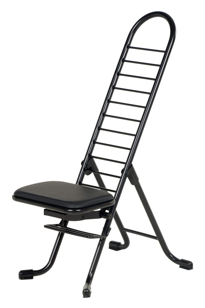 The Vestil Ergonomic Work Seat/Chair, adjustable from 13 to 34 inches, integrates smoothly with the black metal yoga chairs design. It features a ladder-like backrest and padded seat for yoga support, while its foldable structure allows easy storage and transport.