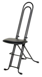The Vestil Ergonomic Work Seat/Chair height-adjusts from 18 to 33 inches. It has a black metal frame, high backrest, slim legs, and a flat black upholstered seat. Its curved elongated back adds elegance and it’s angled on a white background.