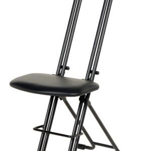The Vestil Ergonomic Work Seat/Chair height-adjusts from 18 to 33 inches. It has a black metal frame, high backrest, slim legs, and a flat black upholstered seat. Its curved elongated back adds elegance and it’s angled on a white background.