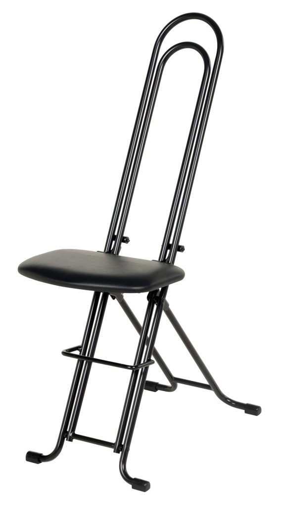 The Vestil Ergonomic Work Seat/Chair height-adjusts from 18 to 33 inches. It has a black metal frame, high backrest, slim legs, and a flat black upholstered seat. Its curved elongated back adds elegance and it’s angled on a white background.