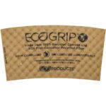 Close-up of a brown Eco Grip coffee sleeve, made entirely from recycled content and designed for MH-USA Hot Cup Sleeves (1300/Case). It contains 85% post-consumer recycled fiber, is ASTM compliant, BPI certified compostable, and suitable for commercial composting.