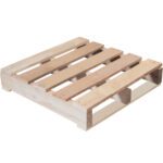 The MH-USA 24 x 24 Lbs1 Recycled Wood Pallet-1000 Lbs Capacity (10/Stack) features evenly spaced planks and a rectangular shape with open spaces, making it perfect for efficient storage, transport, and stacking up to 10 high.