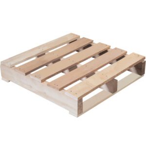 The MH-USA 24 x 24 Lbs1 Recycled Wood Pallet-1000 Lbs Capacity (10/Stack) features evenly spaced planks and a rectangular shape with open spaces, making it perfect for efficient storage, transport, and stacking up to 10 high.