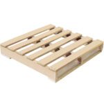 The MH-USA 30 x 30 Lbs1 Recycled Wood Pallet, with a 1200 lbs capacity and six top planks, is perfect for transit or storage. Its natural wood texture is highlighted against a white background. Available in stacks of 10.