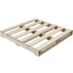 The MH-USA 40 x 40 New Wood Heat Treated Pallet features a simple rectangular design with horizontal slats, sturdy beams, and an unfinished natural look. It can hold 2500 lbs per pallet and stack up to 10 high.