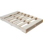 The MH-USA 47 x 32 New Wood Heat Treated Pallet supports a 5000 lbs capacity and features evenly spaced slats with openings for forklift access. Light-colored and robust, it is ideal for secure goods transport, available in stacks of 10.