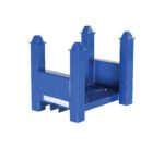 The Vestil Stackable Bar Cradle has a 2500 lb capacity, blue steel design with four corner posts, and a flat base. Measuring 16 inches long, its perfect for holding or transporting materials. A shiny finish suggests its new or well-kept, featuring labels on one side.