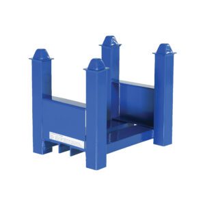The Vestil Stackable Bar Cradle has a 2500 lb capacity, blue steel design with four corner posts, and a flat base. Measuring 16 inches long, its perfect for holding or transporting materials. A shiny finish suggests its new or well-kept, featuring labels on one side.