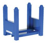 The blue metal frame, similar to the Vestil Stackable Bar Cradle 3700 Lb 19 In Long, has four vertical posts and a horizontal base. With a smooth gloss finish, it offers an open design ideal for stacking pallets or materials up to 3700 lbs.
