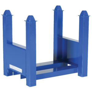The blue metal frame, similar to the Vestil Stackable Bar Cradle 3700 Lb 19 In Long, has four vertical posts and a horizontal base. With a smooth gloss finish, it offers an open design ideal for stacking pallets or materials up to 3700 lbs.