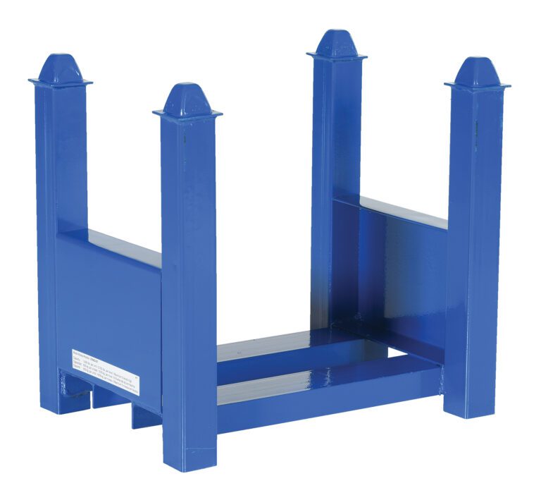 CRAD-37_A.jpg The blue metal frame, similar to the Vestil Stackable Bar Cradle 3700 Lb 19 In Long, has four vertical posts and a horizontal base. With a smooth gloss finish, it offers an open design ideal for stacking pallets or materials up to 3700 lbs.