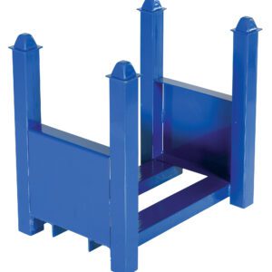 The Vestil Stackable Bar Cradle 5600 Lb 22 In Long is a blue metal stackable rack with four corner posts, shown upside down. Designed for industrial storage, it supports organization with a smooth, painted surface that reflects light, highlighting its robust construction.