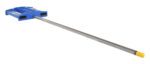 The Vestil Rug Ram Boom Fork Mounted, 120 inches long, features a blue rectangular base with handles and is equipped with a yellow-tipped metal pole, two openings, and a small chain for industrial tasks such as lifting or moving objects.