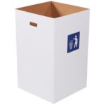 The MH-USA Corrugated Trash Can with Waste Logo is a 40-gallon, tall white cardboard bin with a rectangular opening, featuring a blue waste logo. It has side handles for easy carrying and comes in bundles of 10.