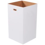 A tall MH-USA Corrugated Trash Can Plain - 50 Gallon, with a small cut-out handle on the front, reveals the natural brown interior of its cardboard. The empty white bin is set against a simple white background.
