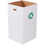 The MH-USA Corrugated Trash Can with Recycle Logo - 50 Gallon (10/Bundle) is a cardboard recycling bin featuring a green symbol and rectangular handle near the top. This open-top design stands elegantly on a white background, ideal for efficient waste management.