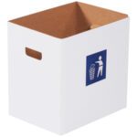 The MH-USA Corrugated Trash Can with Waste Logo - 7 Gallon (20/Bundle) features a white cardboard design, cut-out handle, blue waste symbol, and brown interior highlighting its sturdy material.